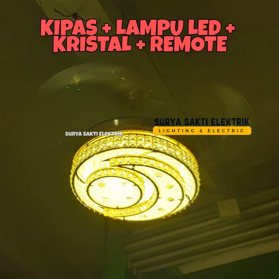 KIPAS HIAS PLAFON KRISTAL LED REMOTE LAMPU HIAS RUANG TAMU KELUARGA LAMPU GANTUNG KIPAS
