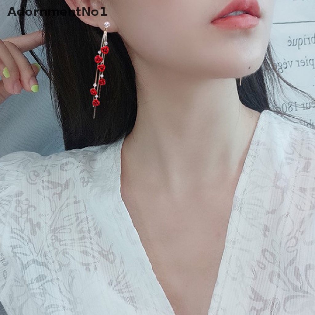 (AdornmentNo1) Anting Gantung Panjang Kait Motif Kelopak Bunga + Rumbai Untuk Perhiasan Wanita / Pernikahan