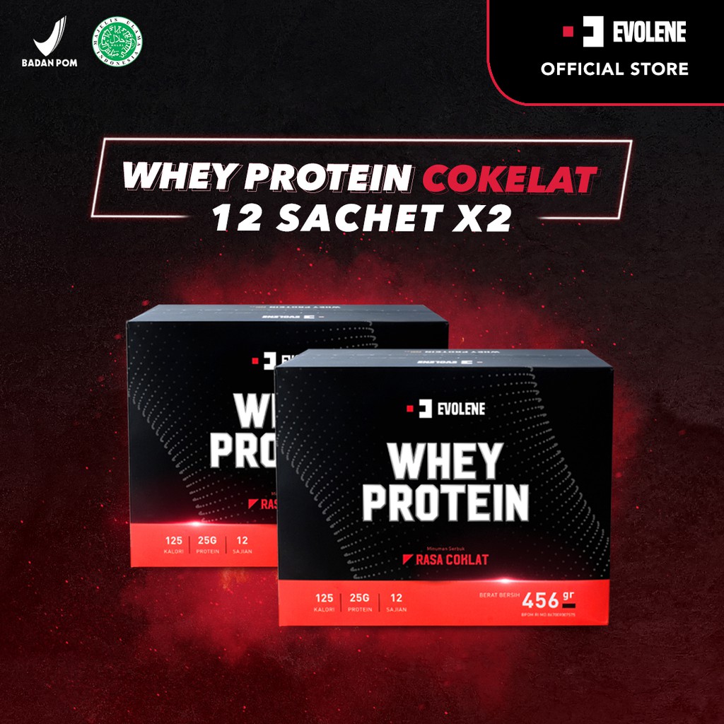 Whey Protein Coklat 2x 456gr/12 Sachet - Suplemen fitness pembentuk Otot - Defisit kalori - Susu Protein - Suplemen Fitness - Minuman Protein - Suplemen Workout Evolene Evoline Evolen