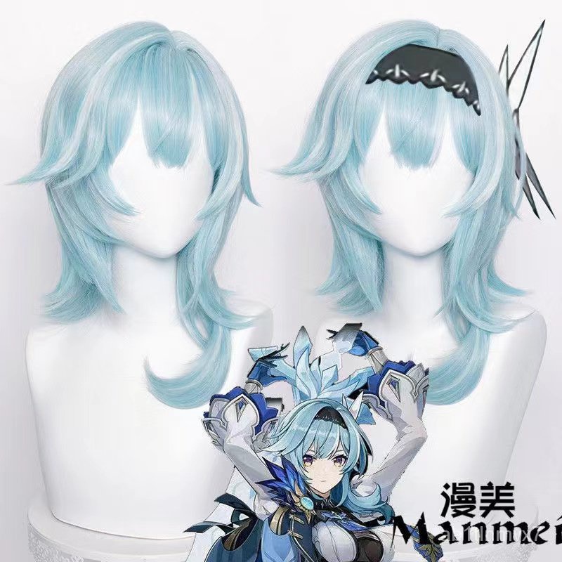 ManMei Genshin Impact Eula Cosplay Wig Grey Blue Wig Short Hair
