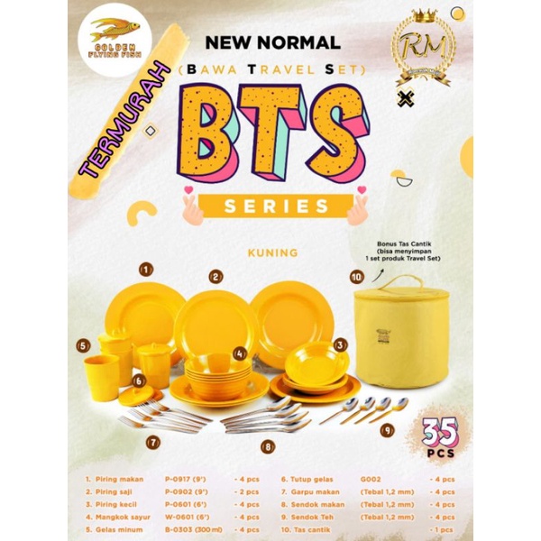 

(COD) BTS Series GFF Travel SET Melamin Golden Free Tas Cantik /Packing double bubble dan dus