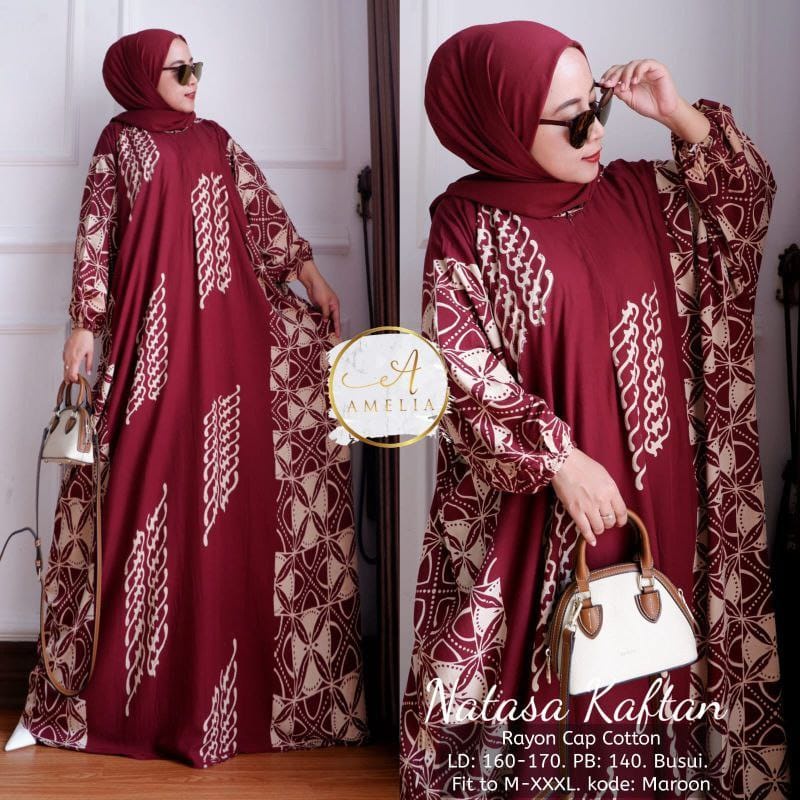 Kaftan Wanita - Natasa Kaftan Size Jumbo XXXXL Motif Sogan Zigzag by Batik AW Busui Resleting Lengan Panjang / Gamis Rayon Jumbo Kaftan Terbaru