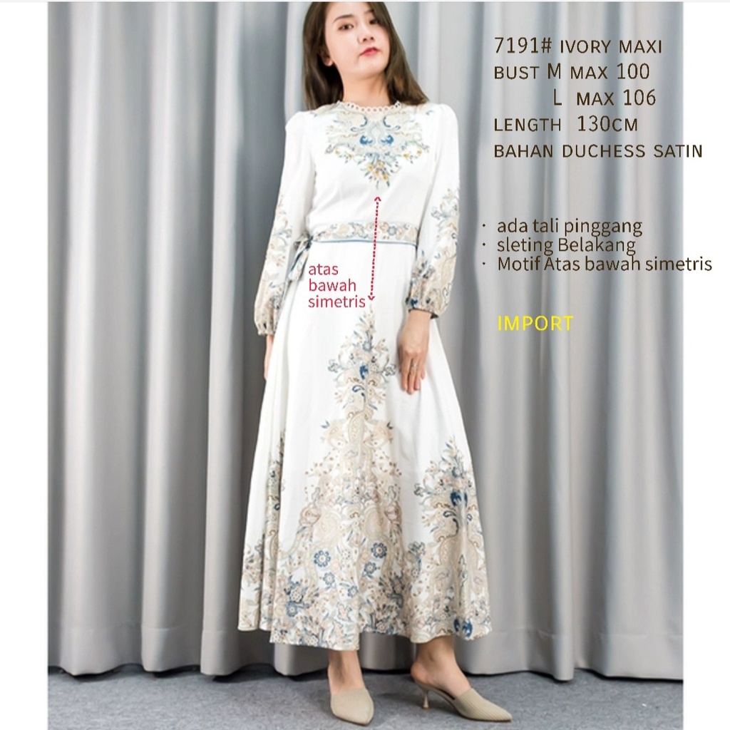 SNL 7191. MAXI DRESS IVORY MOTIF CANTIK/GAMIS PAKAIAN WANITA MEWAH  PREMIUM HIGH QUALITY
