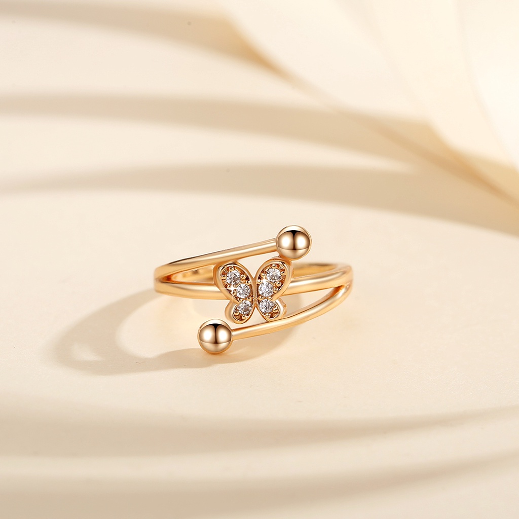 Y691 【COD】 Cincin Titanium Berlian Kristal Emas Fashion Wanita Perhiasan Rings Kupu-Kupu Adjustable Size