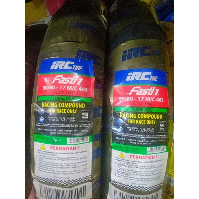 ban IRC fasti 1 ring 17 sepasang dpn/blkg ukuran 90-80/17 soft compoun.ban slick