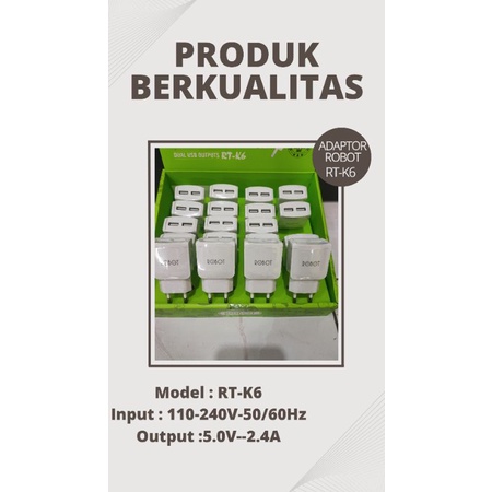Adaptor Kepala Charger Dual Port Robot RT-K6 ORI Casan Hp