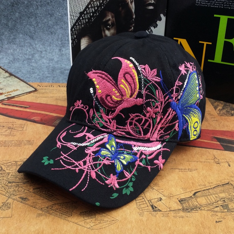 Topi baseball Pelindung Matahari Motif Bordir Kupu-Kupu Bunga Gaya retro Untuk Wanita