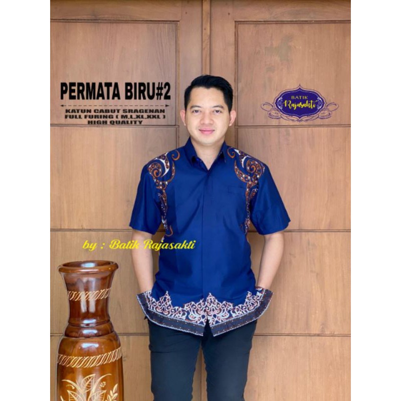 BROJO batik pria lapis furing katun sragenan navy biru dongker lengan pendek