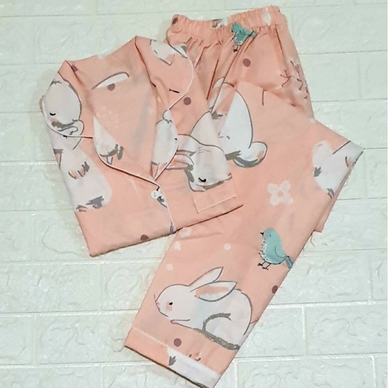 Baju tidur wanita piyama CP bahan soft katun premium adem lembut all size-Rabbit orange