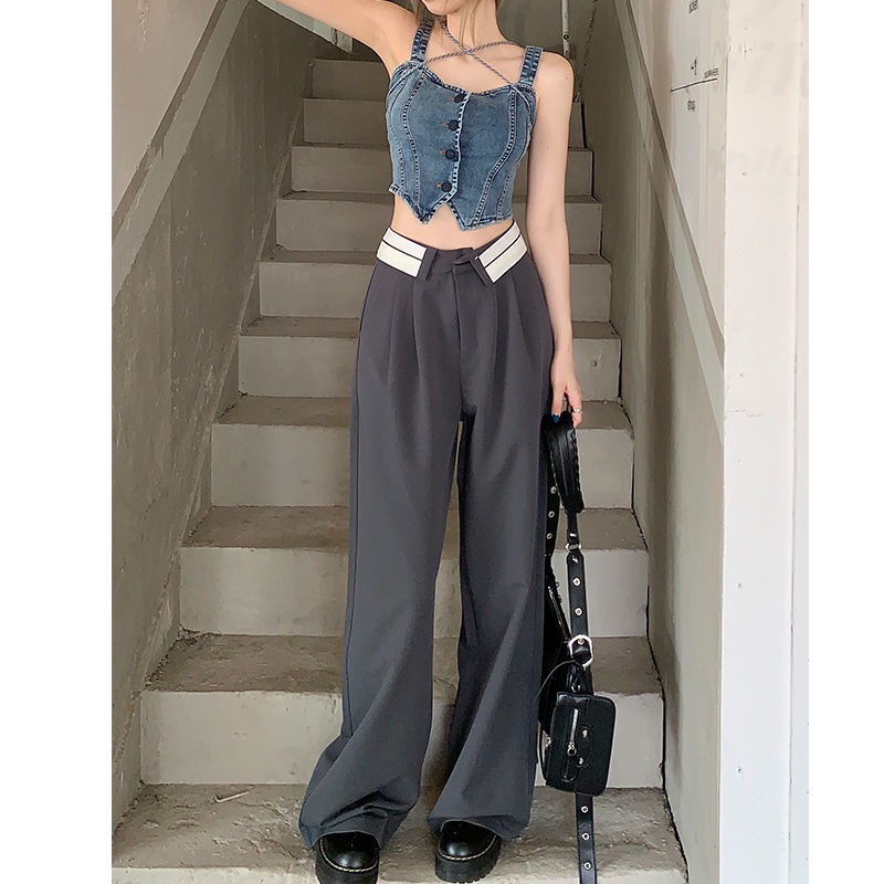 BAOHUAN ~ Korea Hong Kong Abu-abu flanging sesuai dengan lebar kaki celana wanita musim panas pinggang tinggi ruangan mengepel celana kasual celana