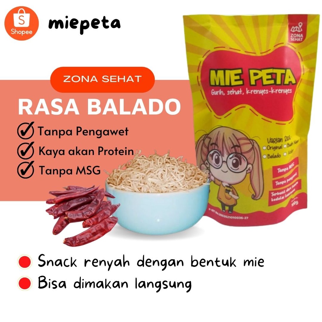 

Mie PETA - mie kriuk langsung makan - Balado kemasan paper foil 100gr SALE MURAH - mie tempe - snack sehat non MSG