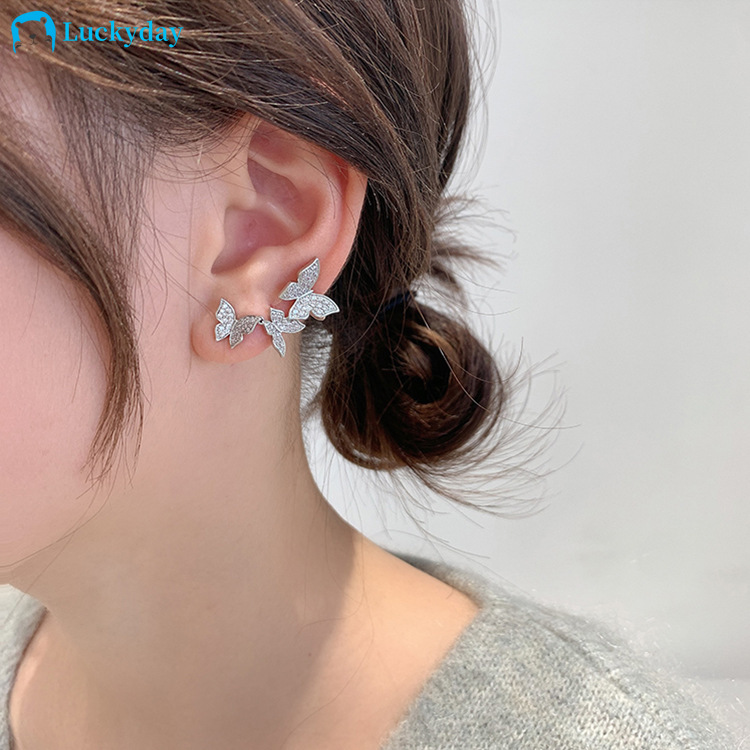 YEEZII Anting Klip Rumbai Asimetris Desain Kupu-Kupu Aksen Berlian Bahan 925 Silver Gaya Korea Untuk Wanita