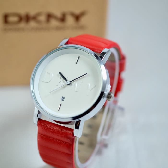 JUAL JAM BRENDED PRIA MURAH JAM TANGAN PRIA DKNY TANGGAL KULIT RED SILVER I GRATIS BOX KEREN DAN