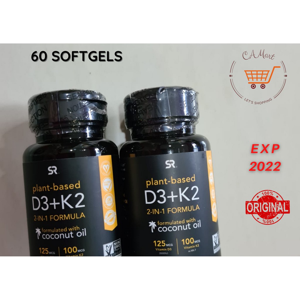 PLANT BASED K2 + D3 Original 2 in 1 Formula, Formulated With Coconut Oil, 100MCG K2 | 125 MCG D3