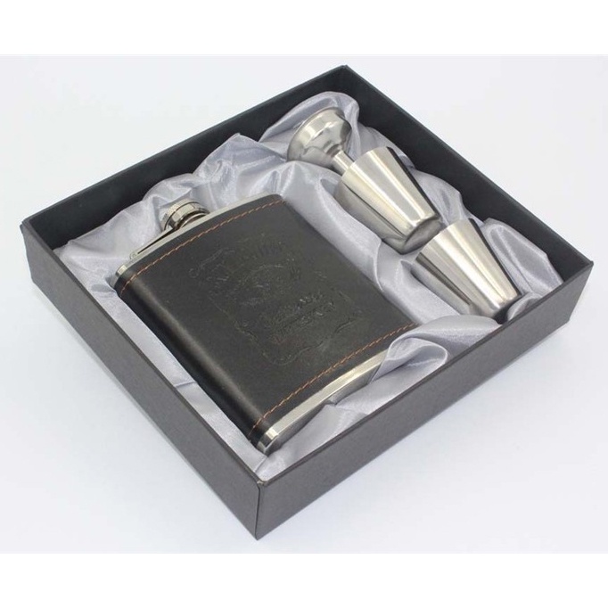 One Two Cups Botol Bir Hip Flask Stainless Steel Leather 7 Oz with Shot Glass