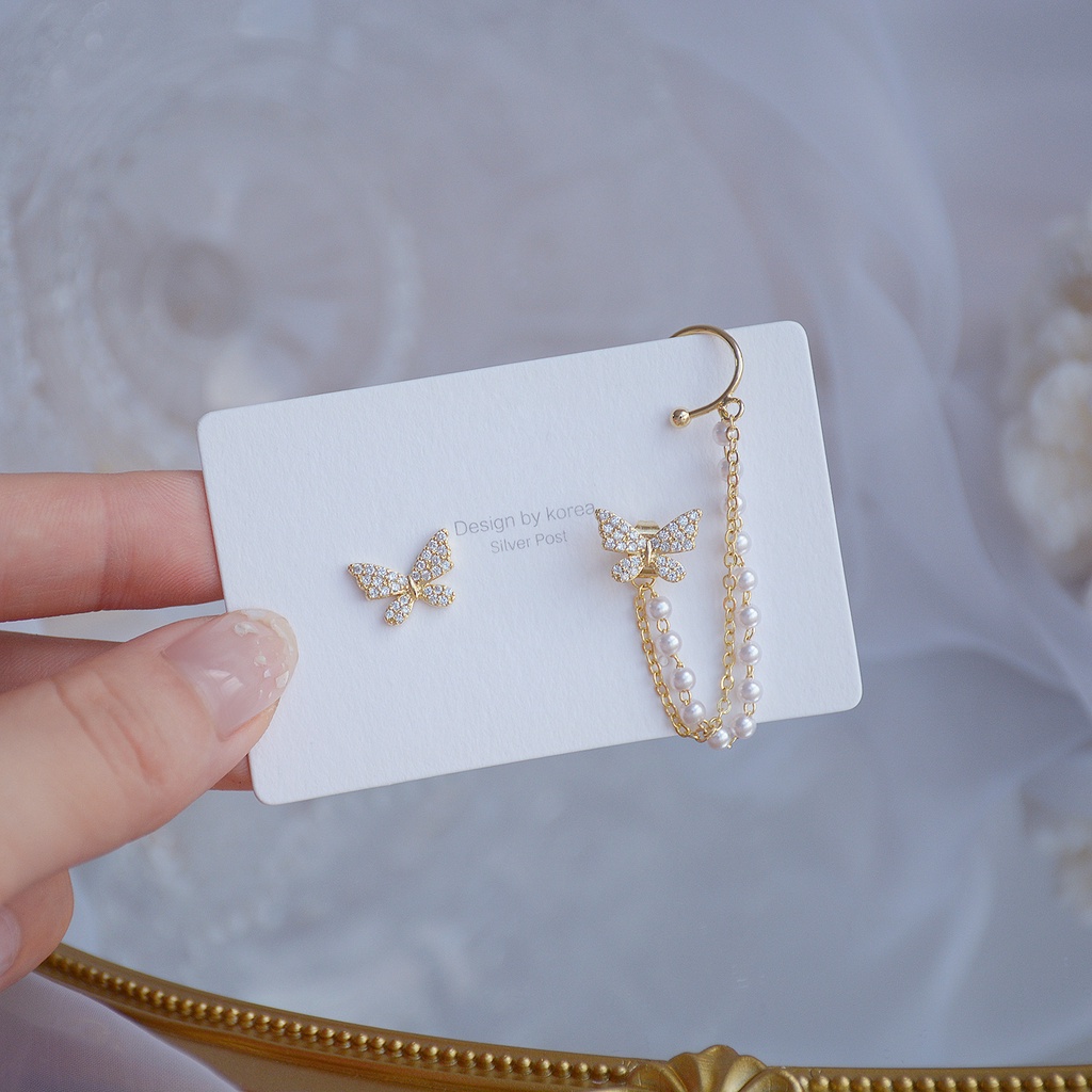 [ Cute Rhinestone Butterfly  Pearl Beads Chain  Stud Earrings Ear Jewelry for Girlfriends ]