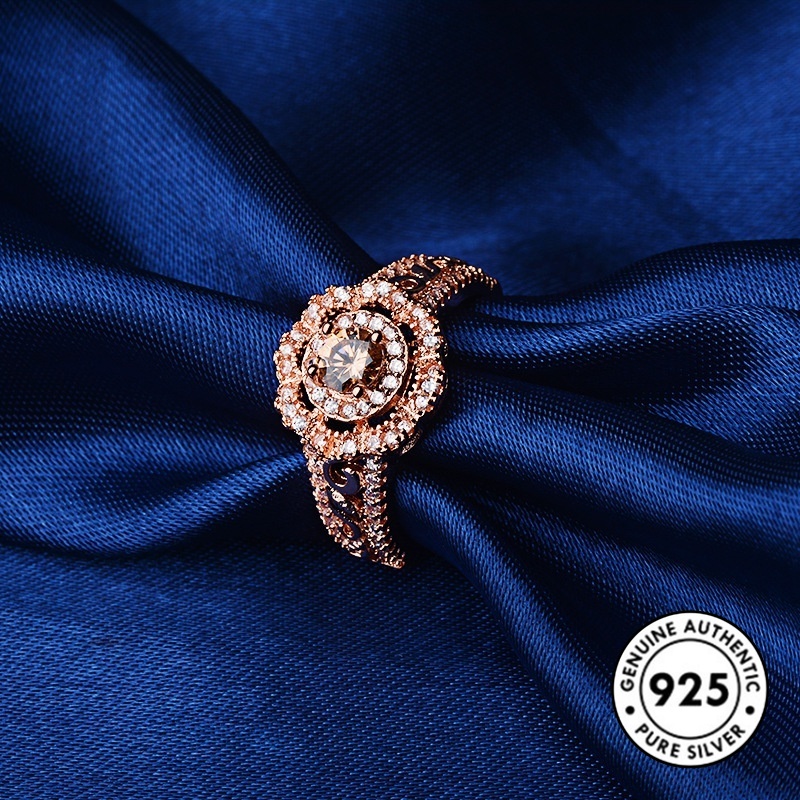 Cincin Sterling Silver 925 Model Bunga Warna Rose Gold Dengan Berlian Mewah Untuk Wanita