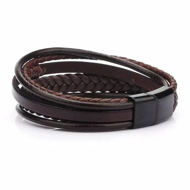 GELANG FASHION 5 LAYERS PRIA BRACELET KULIT LEATHER PREMIUM HITAM BLACK