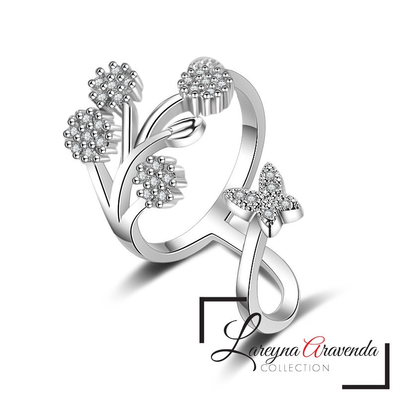 Cincin 2 Baris Wanita Titanium Model Butterfly &amp; Flower Kristal Crystal Swarovski CC044