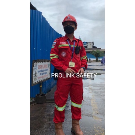 SETELAN FULL LOGO SERAGAM SAFETY OFFICER MERAH KAIN DRILL PREMIUM