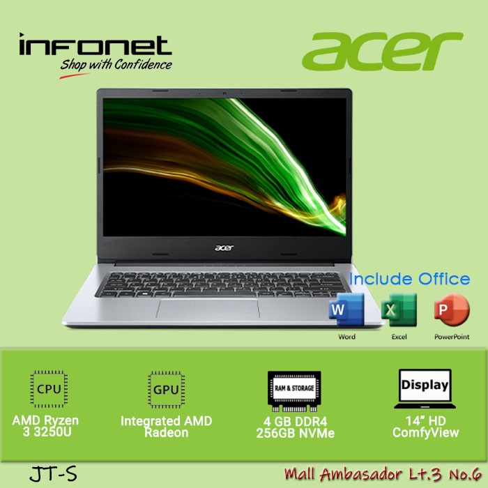 Acer Aspire 3 A314-22 Ryzen 3 3250U 4GB 256GB NVMe HD Free Office