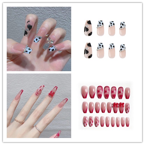 24pcs / set Kuku Palsu Motif Hati / Pita / Berlian Imitasi + Lem / Perekat Anti Air Untuk nail Art / Manicure