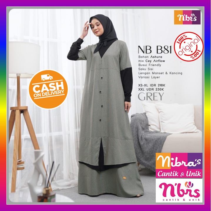 Gamis Nibras Promo Gamis Nibras Terbaru 2022 NB B81 Grey Baju Dress Dres Wanita Dewasa Muslim Syari 