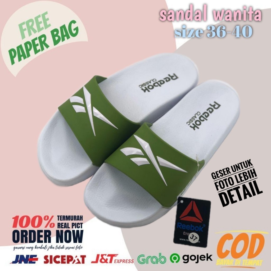 SENDAL SLIP SANDAL SLOP REEBOK SPORT SELOP FLIP FLOP PUTIH HIJAU WANITA IMPORT GRADE ORIGINAL MURAH