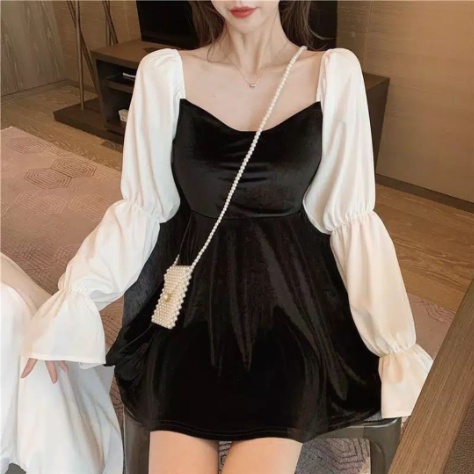 Korean Velvet Pleated Mini Dress Wanita Beludru Lengan Panjang 1334 (S/M/L)