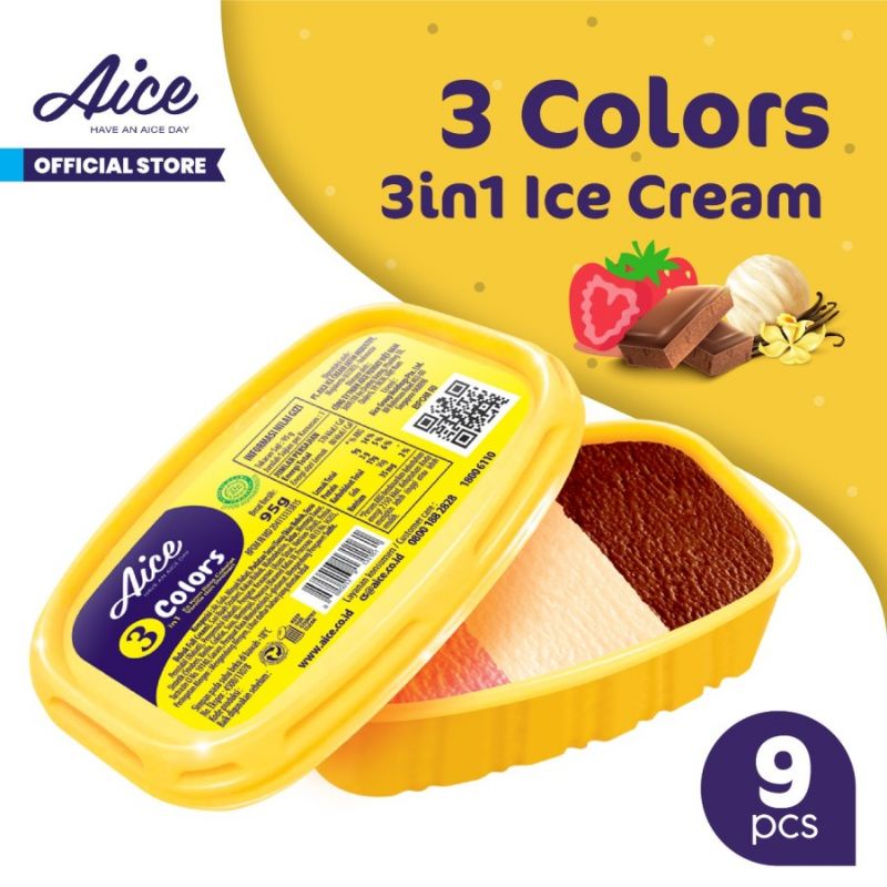Aice 3in1 Colors 95gr isi 9pcs Rasa Vanilla, Strawberry dan Coklat