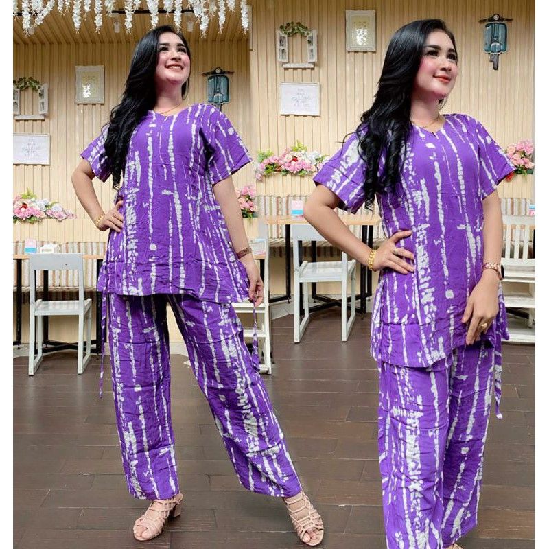 SETELAN CP SALUR LENGAN PENDEK ONE SET GARIS TIEDIE TYE DYE BAJU TIDUR PIYAMA