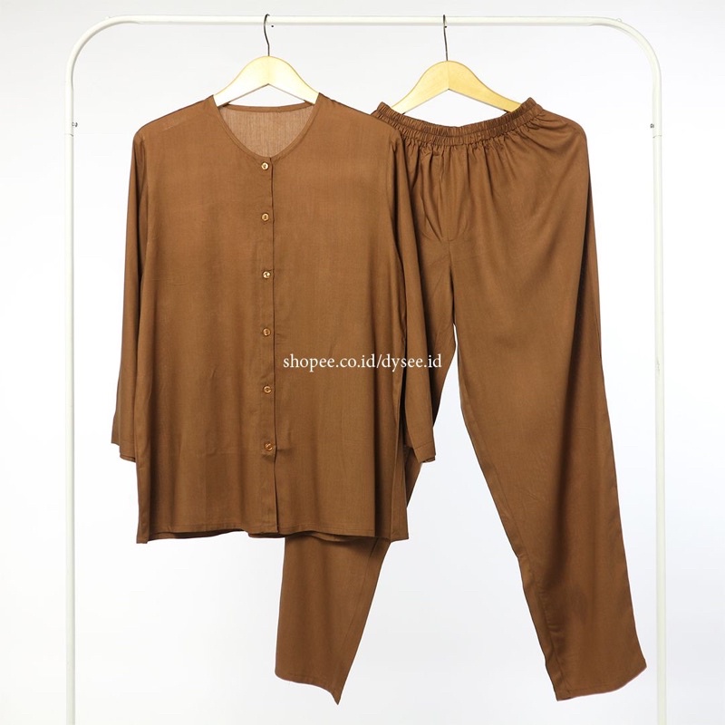 (PIYAMA POLOS) PIYAMA RAYON PAJAMAS RAYON SET BAJU WANITA VIRAL ELEGAN MURAH-Coffe