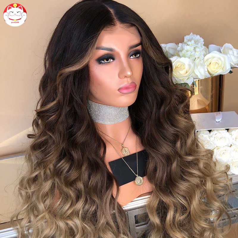 Wig / Rambut Palsu Wanita Model Panjang Keriting Gelombang Bahan Sintetis Tahan Panas Warna Gradasi Hitam / Coklat