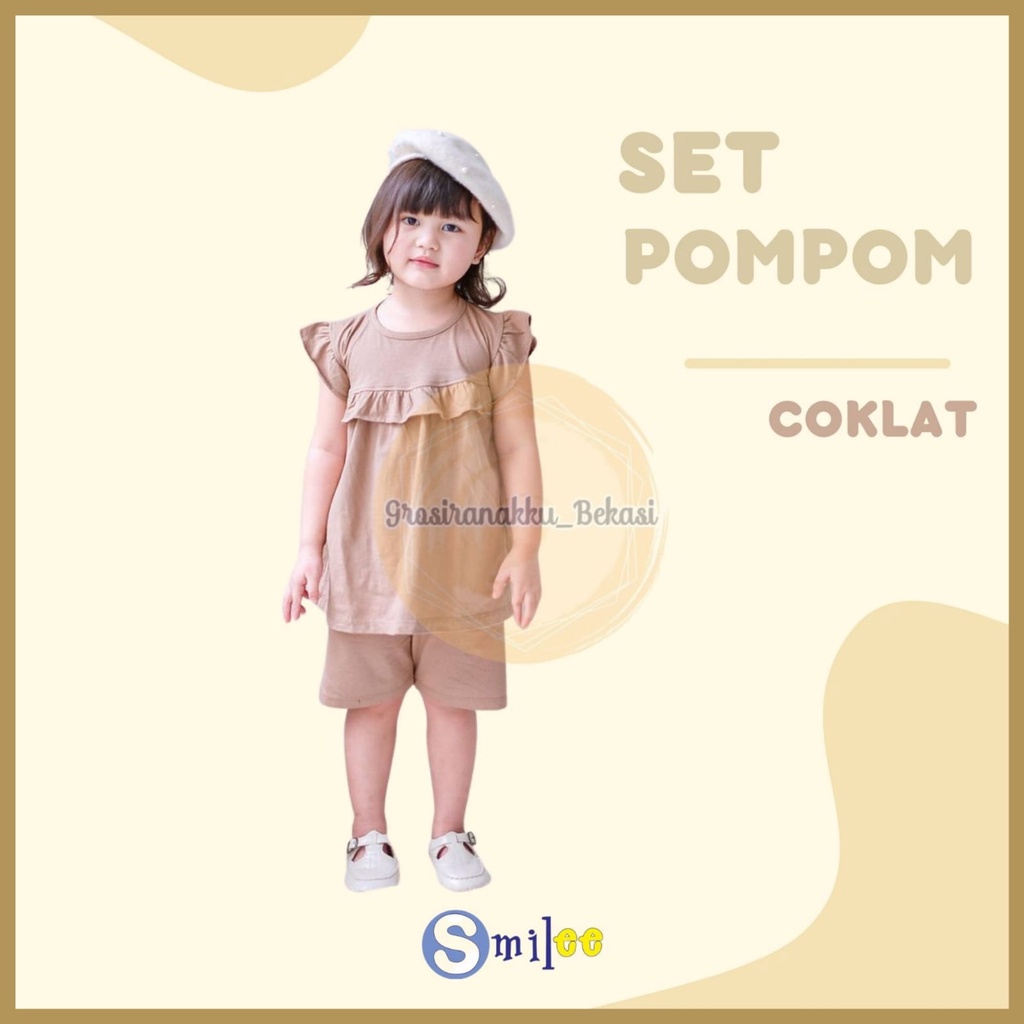 Setelan Anak Kaos Smilee Pompom Warna coklat size 1-5Tahun