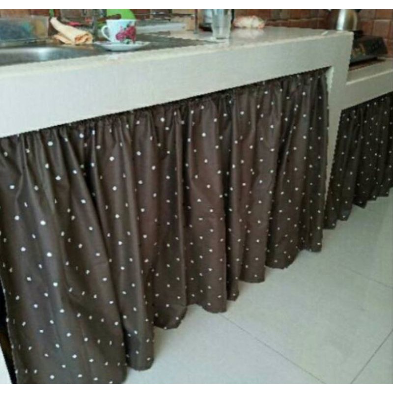 termurah gorden kolong dapur / tirai kolong dapur minimalis motif polkadot coklat