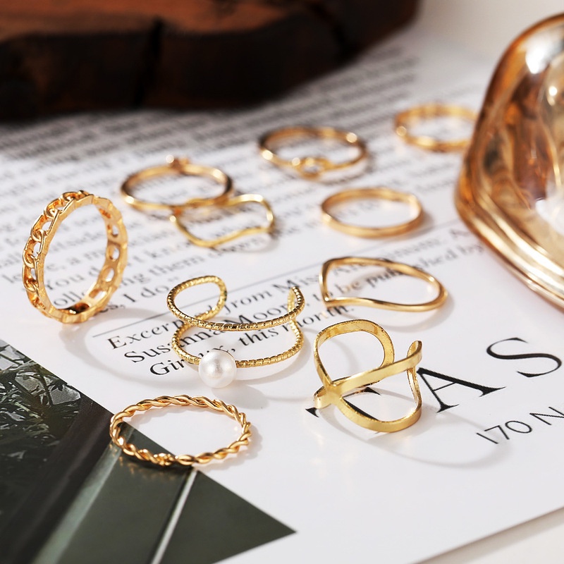 10pcs / Set Cincin Model Terbuka Bahan Alloy Hias Mutiara Imitasi Gaya Simple / Elegan Adjustable Untuk Wanita