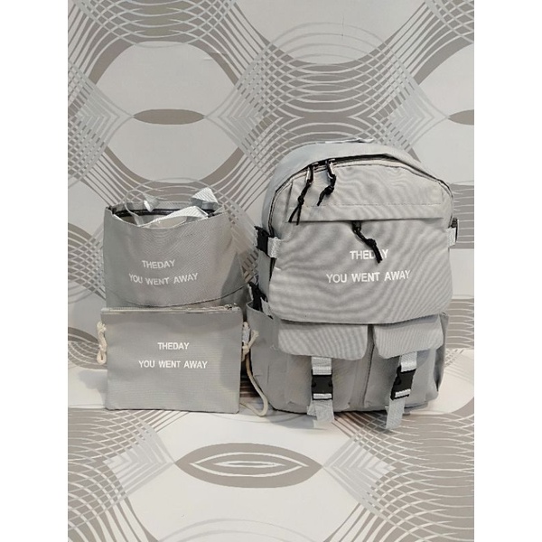 ransel import korea 3 set (ransel,tote bag gratis selempang dan kotak pensil) grey