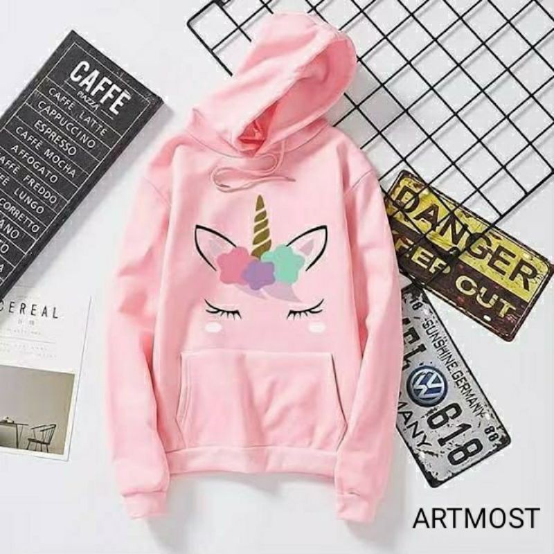 sweater wanita-hoodie wanita terbaru-sweater terlaris kekinian 2021-grosir sweater korean style-Unicorn pink