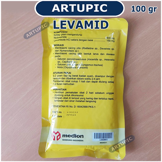 Levamid 100 gram Obat Pembasmi Cacing Pita Gilik Ayam Unggas Burung Hewan Medion Artupic