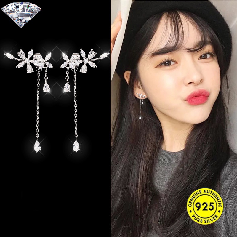 Anting Rumbai Bentuk Bunga Aksen Berlian Bahan S925 Silver Gaya Korea Untuk Wanita