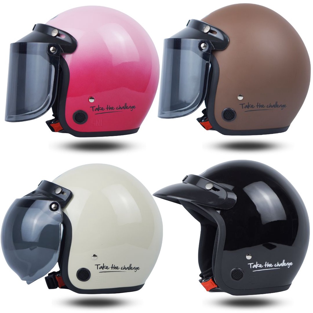 Helm Bogo Retro Dewasa Pria Wanita Polos Garis SNI