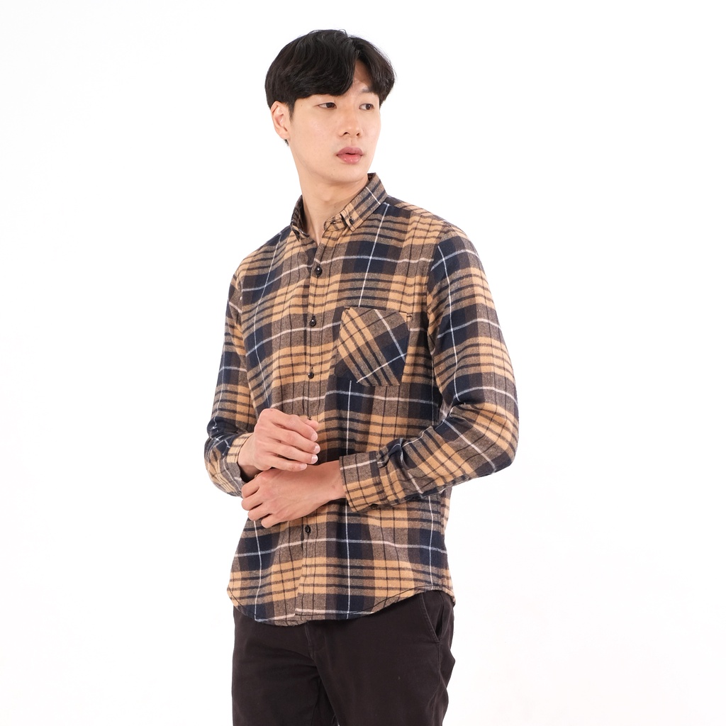 SANVANINA Kemeja Flanel Lengan Panjang Slim Fit Motif Kotak Kotak | Flannel Salford Cream - E-8009