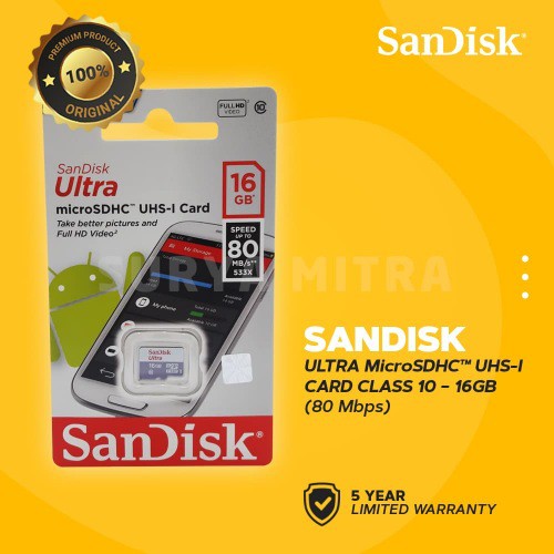 MICRO SD SANDISK 16GB CLASS10 80MB/S