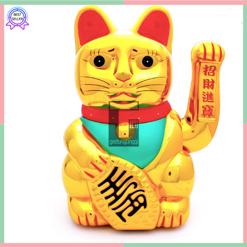 Pajangan Hiasan Dekorasi Patung Kucing Hoki Maneki Neko Maneko Neki Lucky Cat Fengshui Keberuntungan Rejeki Hias Tenaga Baterai Batrai Batre Battery Listrik Tangan Gerak Goyang Lambai Cina China Jepang Emas Gold Ukuran Size Besar Jumbo Big XL XXL 2XL 3XL