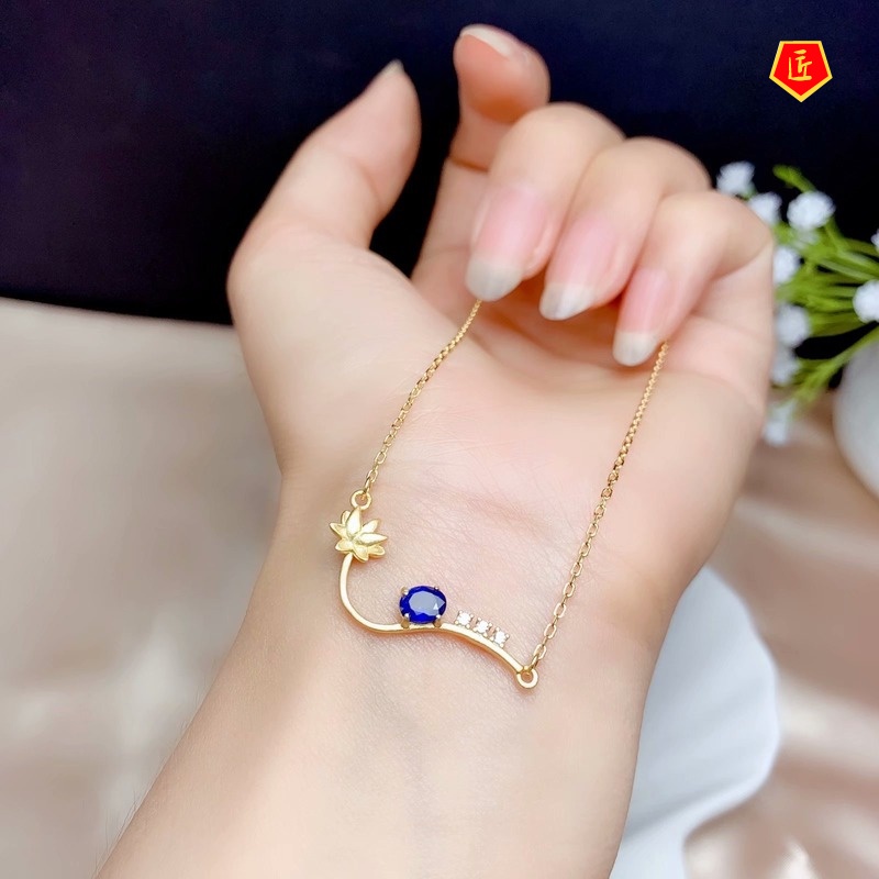 [Ready Stock]Fashion Lotus Gold Necklace Inlaid Sapphire Pendant