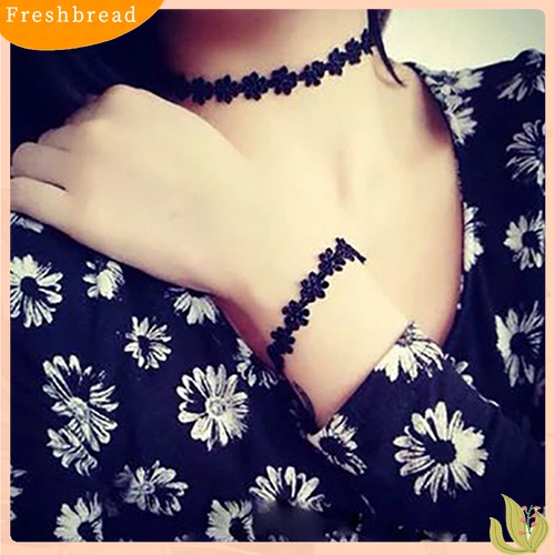 【Fresh】Sweet Lace Choker Stretch Necklace Set Black Retro Vintage Elastic Boho80S 90S