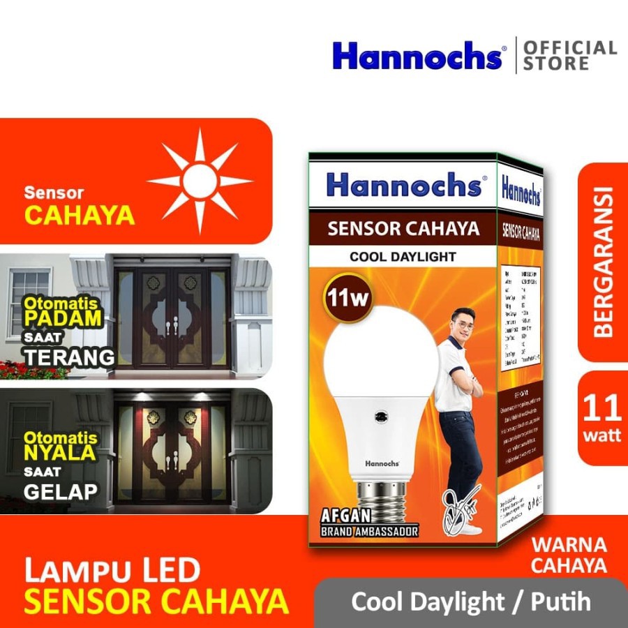 Lampu LED Hannochs Sensor cahaya 11w 11 watt menyala otomatis malam