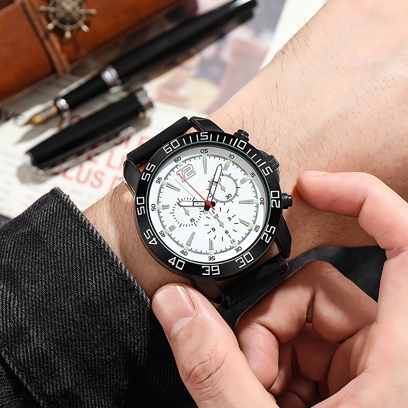 Jam Tangan Analog Pria Strap PU Leather / Jam Tangan Pria Three Eyes Analog Quartz Fashion