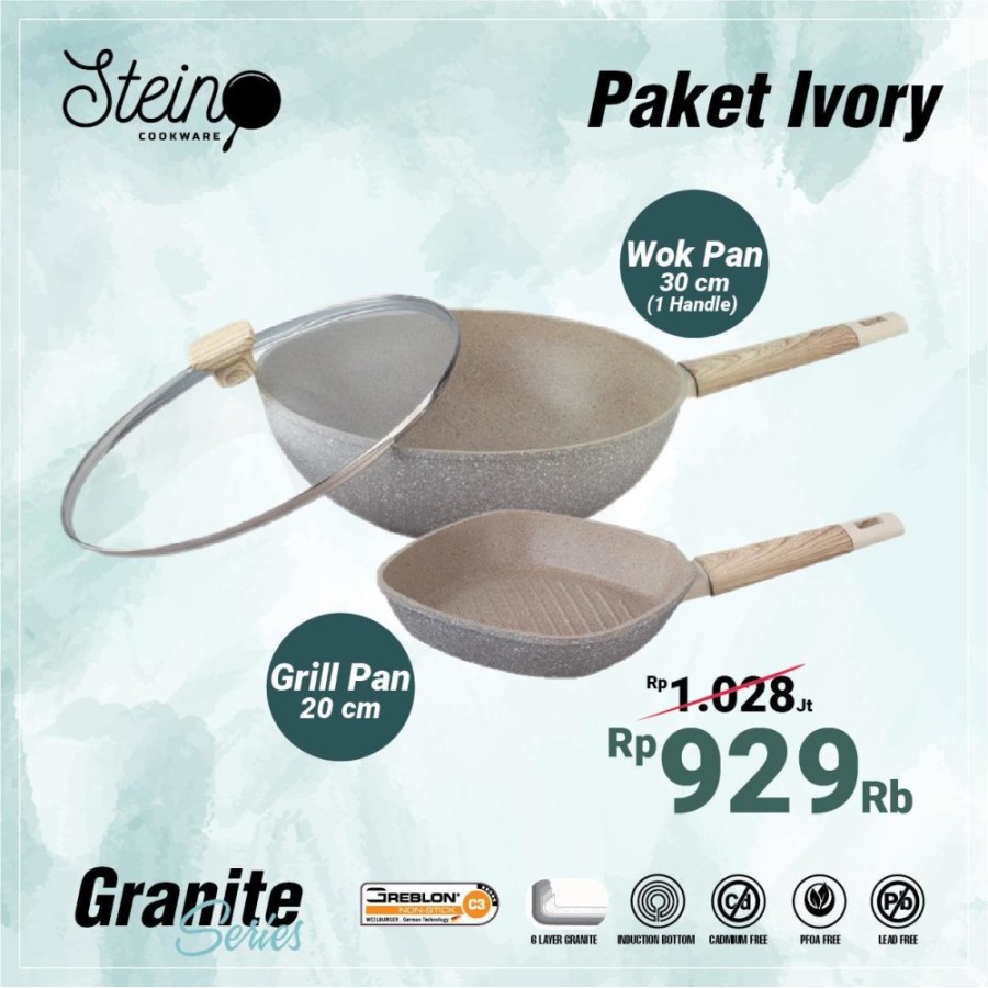 STEIN Cookware PAKET IVORY Granite Wok 30 Cm + Grill Pan 20 Cm