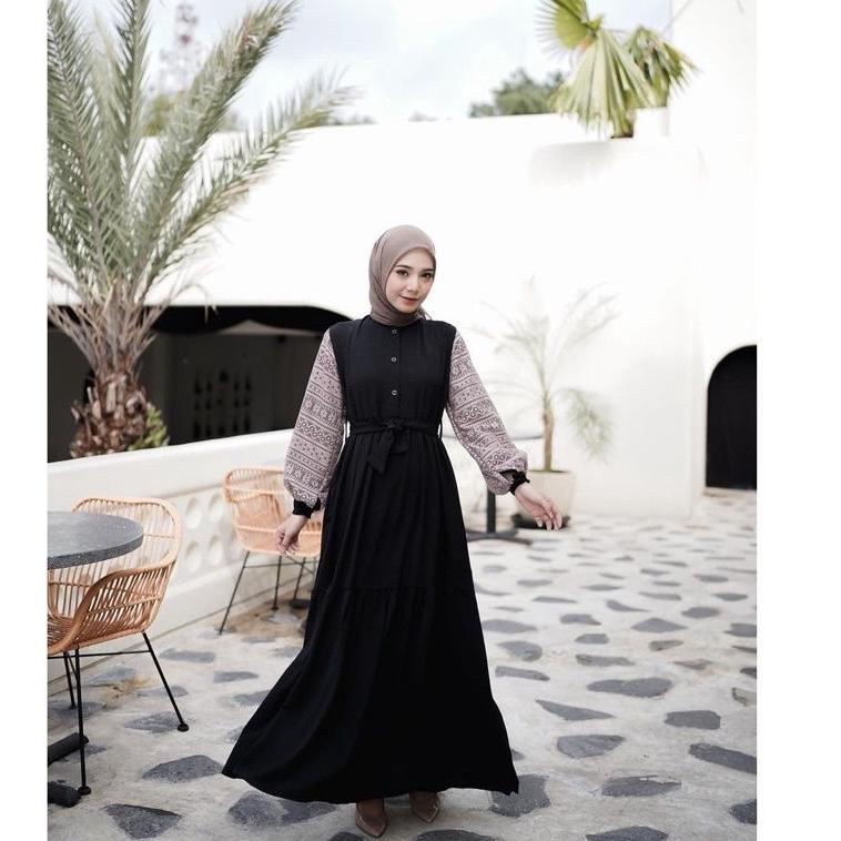 BNJ.19Au22ᴴ ▪ Baju Gamis wanita Elina DressLebaran2021 Bahan Moscrepe motif Brukat M L XL